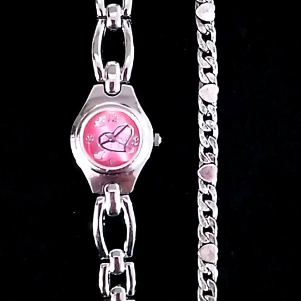Silver/pink Heart Watch/ Heart Bracelet Bundle